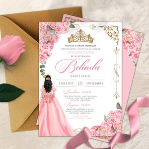EDITABLE: Quinceañera en rosa ruborizado, tiara de lujo rosa y dorada para 15 años, quinceañera princesa, invitación de quinceañera rosa claro y dorada V3