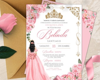 EDYCJA-Różowa róża Quinceañera, luksusowa różowo-złota tiara na 15. urodziny, księżniczka Quince Años, jasnoróżowe złote zaproszenie na Quinceanerę V3