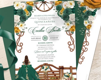 May include: A green and gold quinceañera invitation with a floral design. The invitation includes the text "Cecilia Anette" and details for the celebration, including the date, time, and location.