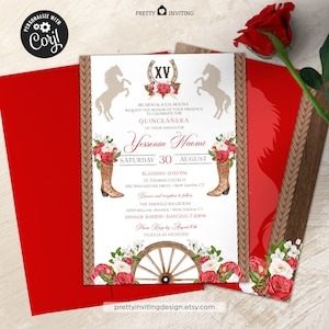 Convite Corda Rústica Red Charro, Red Rose Floral, Red Charra Ranch Quince, Mis Quince Anos, Red & White Country Western Quinceañera