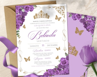 May include: Purple and gold quinceañera invitation featuring a gold crown, butterflies, and floral embellishments. The invitation includes the text "Belinda Santiago" and details for the celebration.