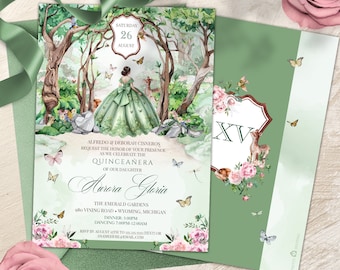 Sage Green & Pink Enchanted Forest Quinceañera Invitation, Magical Woodland Butterfly Quinceanera, Fairytale Forest Birthday Invitation V5