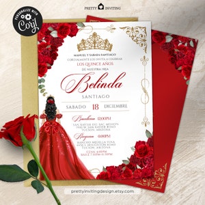 EDITABLE- Elegant Red Rose Quinceanera, Luxe Red and Gold Tiara 15th Birthday Invite, Red & Gold Vestido Red Gown Quinceañera Invitation V2