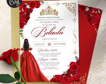 May include: A Quinceañera invitation with a red and gold design. The invitation features a red rose border, a gold crown, and a drawing of a young woman in a red gown. The text on the invitation reads "Manuel y Saraya Santiago Cordialmente los invita a celebrar Los Quince Años de nuestra hija Belinda Santiago Sabado 18 Diciembre Benedicion 12:00PM San Xavier del Bac Mission 1950 W. San Xavier Road Tucson, Arizona Recepcion 6:00PM Rancho Medalla Vina 4450 S. Houghton Road Tucson, Arizona Cena: 6:00PM Baile 7:30PM-11:30PM prettyinvitingdesign.etsy.com"