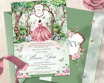 Enchanted Forest Quinceanera Invitation, Magical Woodland Butterfly Quinceañera, Fairytale Forest Pink & Sage Green Invitation Template V2