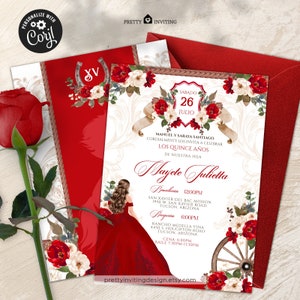 May include: A Quinceañera invitation with a red, white, and gold color scheme. The invitation features a floral design with a horseshoe, a wagon wheel, and a silhouette of a woman in a red dress. The text on the invitation reads "Mayete Julietta" and includes the date and time of the event.
