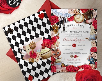 Alice in Wonderland Birthday Invitation, Don&#39;t Be Late Important Date, Wonderland Kids Birthday Party