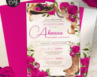 May include: A quinceañera invitation with a pink and white floral design. The invitation features a cowboy hat, a horseshoe, and cowboy boots. The text on the invitation reads "Los Quince Años de Su Hija Ahvana Dolores Santiago" and includes the date and time of the event.