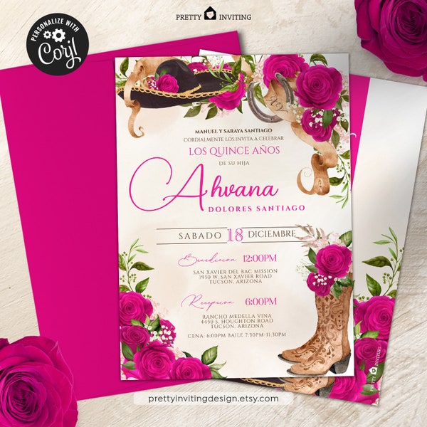 Hot Pink Rose Rustic Charro Quinceanera, 15th Birthday, Cowgirl Boots, Country Western Magenta Charra Quinceañera Invitation QD2402010