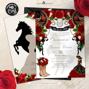 Mariachi Black and Red Charro Elegant Floral Quince Birthday Invite, Red Vaquera Quince, Rustic Charra Quinceañera Invitation - V2
