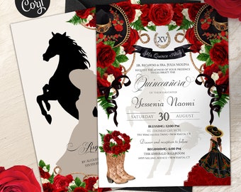 Mariachi Black and Red Charro Elegant Floral Quince Birthday Invite, Red Vaquera Quince, Rustic Charra Quinceañera Invitation - V2