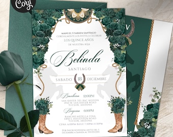 May include: A Quinceañera invitation with a green and gold color scheme. The invitation features a floral design with roses and a horseshoe. The text on the invitation reads "Belinda Santiago, Sabado 18 Diciembre".