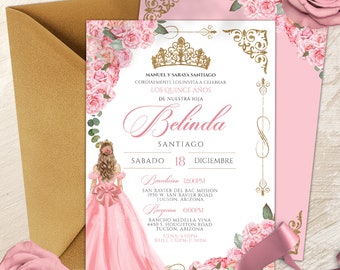 EDYCJA-Różowa róża Quinceañera, Luksusowy róż i złota tiara na 15 urodziny, Księżniczka Quince Años, Jasnoróżowe złote zaproszenie na Quinceanera V6