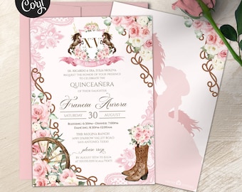 Pink Floral Crest Charro Quinceañera Invitation, Elegant Pink Western Birthday, Cowboy Boots, Blush Pink Quinceanera Template V3