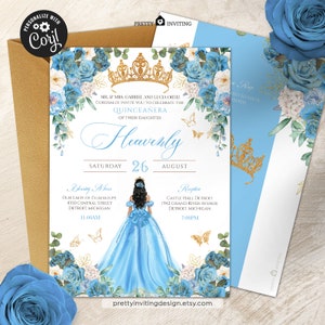 May include: A blue and gold Quinceañera invitation with a floral design. The invitation features a silhouette of a young woman in a blue gown and a gold crown. The text on the invitation reads "Heavenly" and includes the date "Saturday, August 26th".