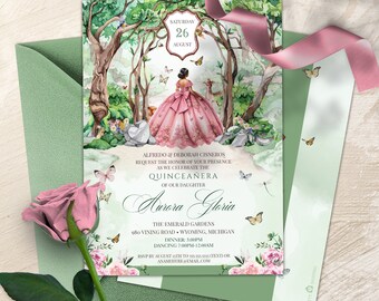 Enchanted Forest Sage Green & Pink Quinceanera Invitation, Magical Woodland Butterfly Quinceañera, Fairytale Forest Invitation Template V5