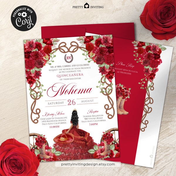 EDITABLE Red Charro Quinceañera Invitation, Fancy Red Rose Floral 2, Charro Vestido, Rustic Western Quinceanera Corjl Template - V2