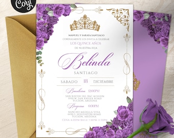 May include: A quinceañera invitation with a gold envelope. The invitation features a gold tiara, ornate gold accents, and purple roses. The text includes the name "Belinda" and event details in Spanish.