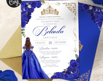 Puede incluir: Una invitación a una Quinceañera con un esquema de color azul y dorado. La invitación presenta un vestido azul real con una corona dorada y un diseño floral. El texto en la invitación dice "Belinda Santiago" e incluye la fecha y la hora del evento.