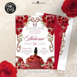 EDITABLE Red Charro Quinceañera Invitation, Fancy Red Rose Floral 2, Charro Vestido, Rustic Western Quinceanera Corjl Template - V1