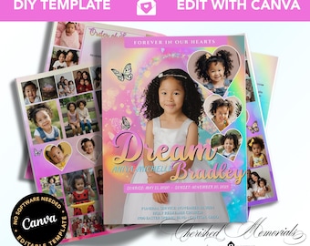 パステルレインボーの子供葬儀追悼プログラムテンプレート、CANVA用8ページタブロイドサイズ