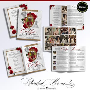 Livret programme commémoratif des funérailles, format tabloïd, célébration de la vie, conception de nécrologie féminine rose, téléchargement numérique, 8 pages, modèle canva