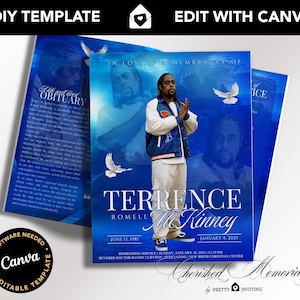 Programa Funeral Memorial True Blue V2 Tabloid, 8,5&quot; x 11&quot; Bifold, Livreto Blue Heaven, Design de Obituário para Homens, 8 Páginas, Modelo Canva DIY