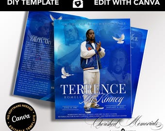 True Blue V2 Tabloid Funeral Memorial Program, 8.5" x 11" Bifold, Blue Heaven Booklet, Obituary Design for Men, 8 Page, Canva Template DIY