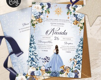 Winter Wonderland Quinceañera Invitation Template, Blue Holiday Birthday Invite V3