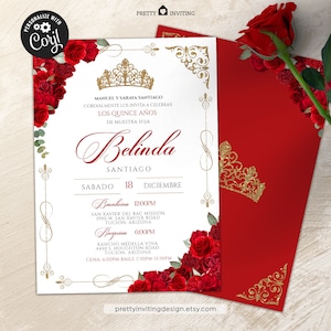 EDITABLE- Elegant Red Rose Quinceanera, Luxe Red and Gold Tiara 15th Birthday Invite, Mis Quince Anos, Red & Gold Quinceañera Invitation