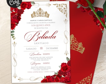 May include: A Quinceañera invitation with a red and gold theme. The invitation features a crown, red roses, and gold accents. The text on the invitation reads "Belinda" and "Los Quince Años".