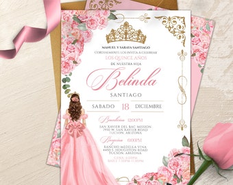 EDYCJA-Różowy róż Quinceañera, luksusowa różowo-złota tiara na 15. urodziny, księżniczka Quince Años, jasnoróżowe złote zaproszenie na Quinceanera V4