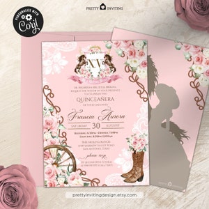 Invitación de Quinceañera Charra con Escudo Floral Rosa, Elegante Cumpleaños Rosa del Oeste, Botas Vaqueras, Plantilla de Quinceañera Rosa Ruborizado V1