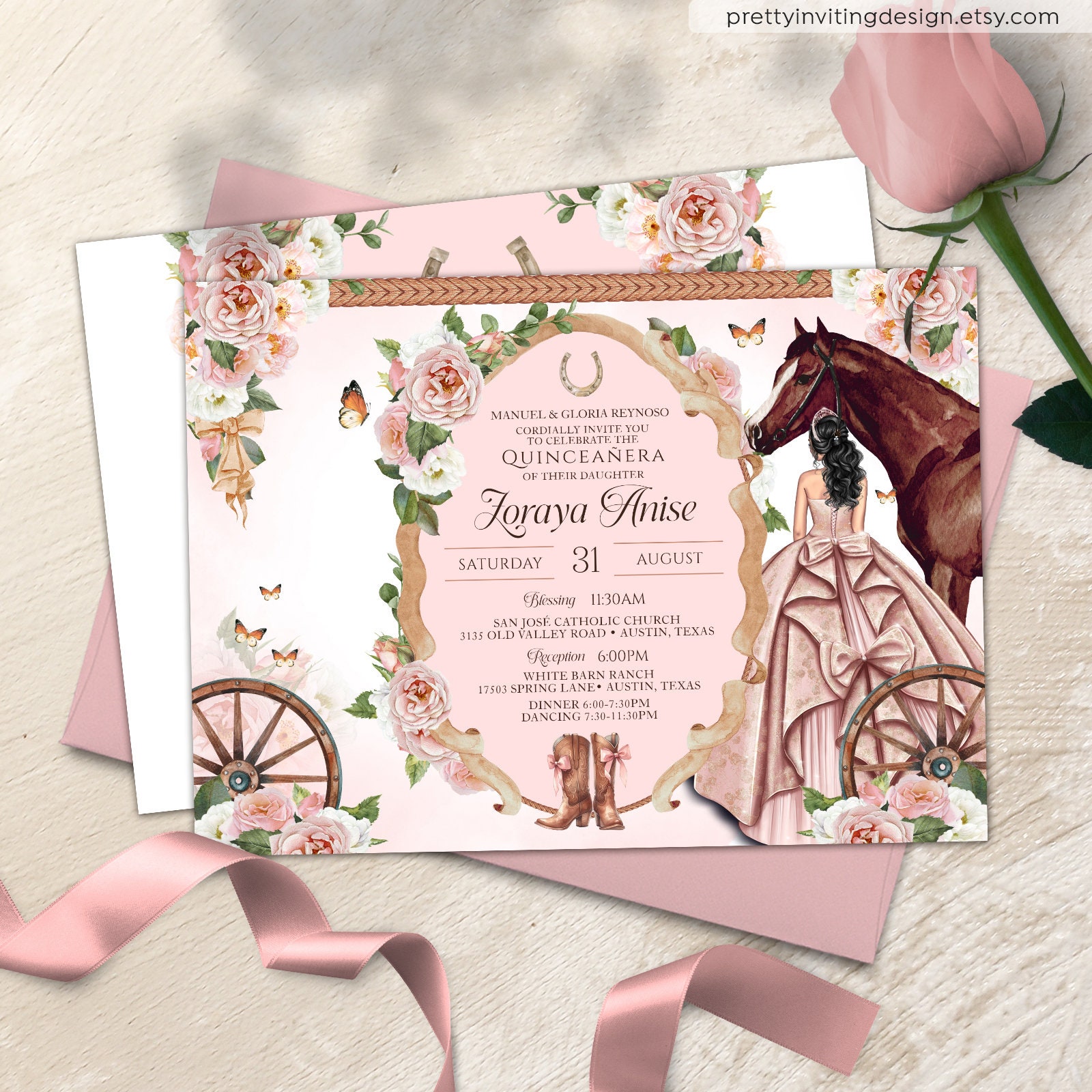 Pink Coquette Western Charro Quinceanera, 15th Birthday, Blush Pink Charra Quinceañera Invitation, Rustic Pink Sweetheart Western V-H1