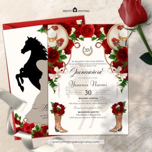 Mariachi White and Red Charro Elegant Floral Quince Birthday Invite, Red White aquera Quince, Rustic Charra Quinceañera Invitation