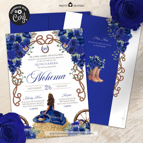 EDITABLE: Royal Blue Charro Quinceañera Invitation, Fancy Blue Floral, Charro Vestido, Rustic Western Quinceanera Template - V3    QD2402016