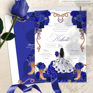 Blue Rose rustieke Charro Quinceañera-uitnodiging, Blue Charra Western-verjaardag, cowboylaars bloemen, Blue Elegant Ranch Quinceanera-sjabloon V1