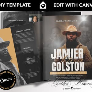 Booklet Funeral Memorial Program, 8.5&quot; x 11&quot; Celebration of Life, Modern Masculine Obituary Design, Instant Download, 8 Page, Canva Template