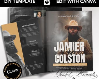 Booklet Funeral Memorial Program, 8.5&quot; x 11&quot; Celebration of Life, Modern Masculine Obituary Design, Instant Download, 8 Page, Canva Template