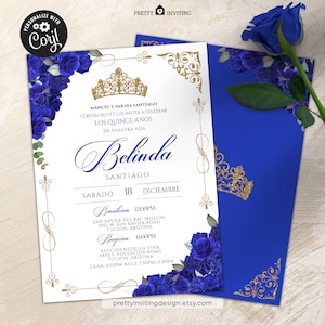 EDITABLE- Elegant Blue Rose Quinceanera, Luxe Blue and Gold Tiara 15th Birthday Invite, Mis Quince Anos, Royal Blue Quinceañera Invitation
