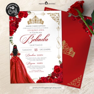 EDITABLE- Elegant Red Rose Quinceanera, Luxe Red and Gold Tiara 15th Birthday Invite, Red & Gold Vestido Red Gown Quinceañera Invitation