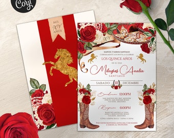 Red Rose Fancy Charro, Mariachi Country Western, rustic floral, 15th Birthday, Quince Anos, Red Quinceañera Invitation