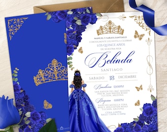 Puede incluir: Una invitación a una Quinceañera con un esquema de color azul y dorado. La invitación presenta una corona, mariposas y una mujer con un vestido azul. El texto de la invitación dice: "Manuel y Saraya Santiago Cordialmente los invita a celebrar Los Quince Años de nuestra hija Belinda Santiago Sabado 18 Diciembre Benedicion 12:00PM San Xavier del Bac Mission 1950 W. San Xavier Road Tucson, Arizona Recepcion 6:00PM Rancho Medella Vina 4450 S. Houghton Road Tucson, Arizona Cena: 6:00PM Baile 7:30PM-11:30PM"