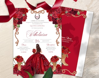 Elegante invitación de quinceañera charro rojo, cumpleaños occidental de Charra rosa roja, botas de vaquero florales, invitación de quinceañera rancho de rosas rojas V5