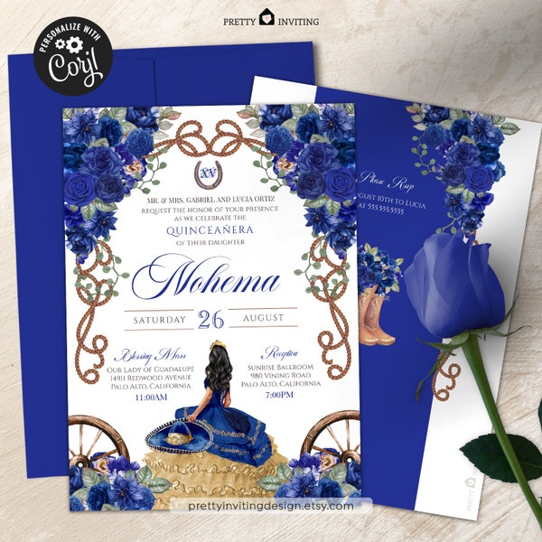 EDITABLE: Royal Blue Charro Quinceañera Invitation, Fancy Blue Floral, Charro Vestido, Rustic Blue Charro Western Quinceanera Template - V2