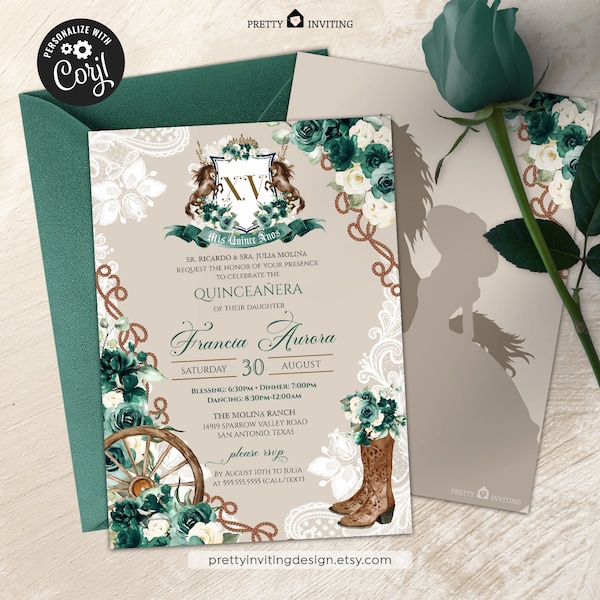 Emerald Green Floral Crest Charro Quinceañera Invitation, Elegant Green Western Birthday, Cowboy Boots, Dark Green Quinceanera Template V2