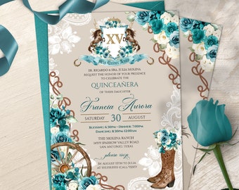 May include: A teal and white floral Quinceañera invitation with a brown rope border and a gold crown. The invitation features a horse and rider design with the text "XV Mis Quince Anos". The invitation also includes the text "Francia Aurora" and the date "Saturday 30 August".