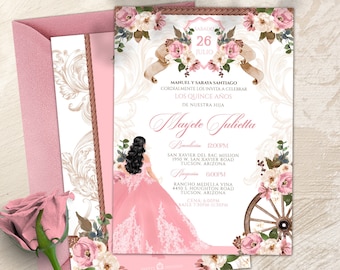 May include: A pink and white quinceañera invitation with a floral design and a wagon wheel. The invitation includes the text "Mayete Julietta" and details for the celebration, including the date, time, and location.