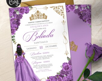 May include: Purple Quinceañera invitation with gold accents and a crown. The invitation features a purple dress with a bow and a crown on the head of a woman with long black hair. The text on the invitation reads "Belinda" and "Los Quince Años".