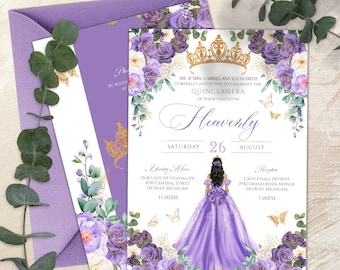 May include: Purple and gold quinceañera invitation featuring a floral design and a crown. The invitation includes the text "Heavenly" and the date "Saturday, 26 August".